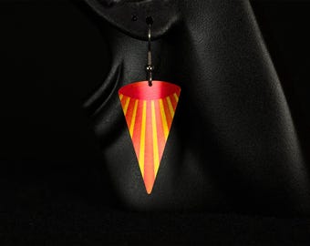 Earrings, Triangle Shape, Vibrant Red over Yellow Light Rays Pattern, Light weight, Anodized aluminum