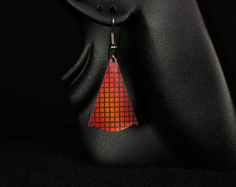 Earrings, Round Bottomed Triangular Shape, Vibrant Orange Red and Black, Light weight, Anodized aluminum