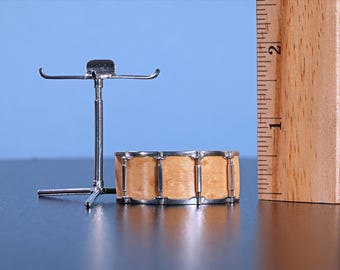 Snare Drum Pin with Display Stand, Three dimensional, Handmade, Realistic detail, Birdseye Maple Veneer Shell