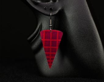 Earrings, Triangle Shape, Vibrant Red with Graduated Box Pattern, Light weight, Anodized aluminum