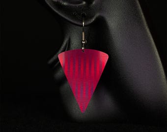 Earrings, Triangle Shape, Vibrant Red and Purple Finger Joint Pattern, Light weight, Anodized aluminum