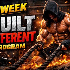 May include: An action-packed digital illustration promoting a 4-week fitness program. A muscular figure in a black hoodie pulls on a thick rope, with flames and a barbell in the background. The text reads "4 Week Built Different Program."