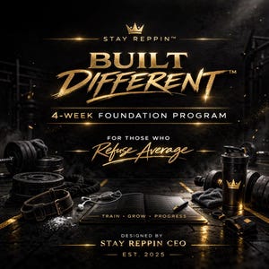 May include: A promotional image with a black and gold theme, featuring the text "BUILT DIFFERENT" and "4-WEEK FOUNDATION PROGRAM." Fitness equipment like weights, a shaker bottle, and a journal are also visible. The text "Refuse Average" is also present.