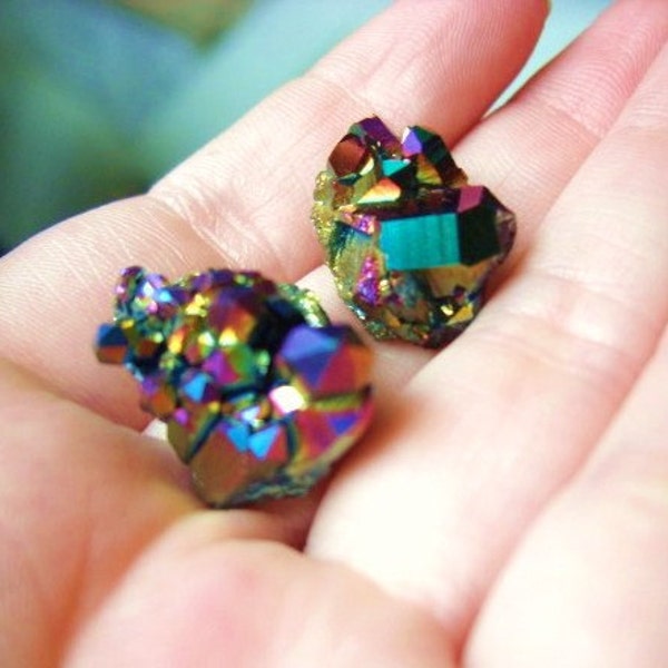 Galaxy Earrings --  Rainbow Aura Quartz on Sterling Silver Studs