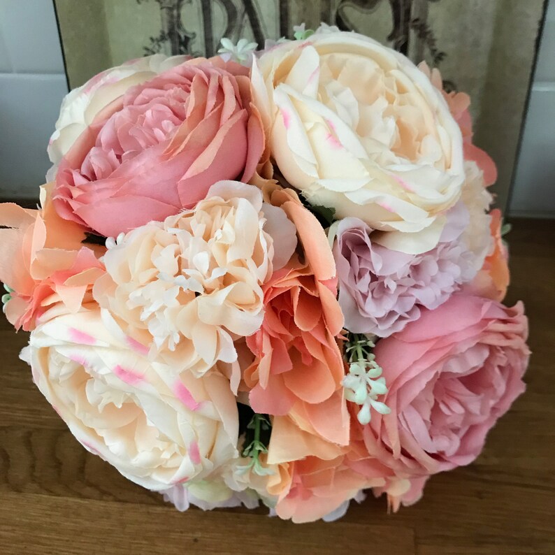 Peach Pink Ivory Silk Rose and Peony Bouquet OOAK ready to ship