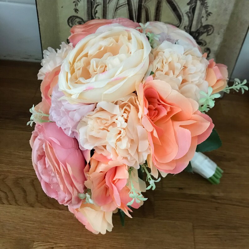 Peach Pink Ivory Silk Rose and Peony Bouquet OOAK ready to ship