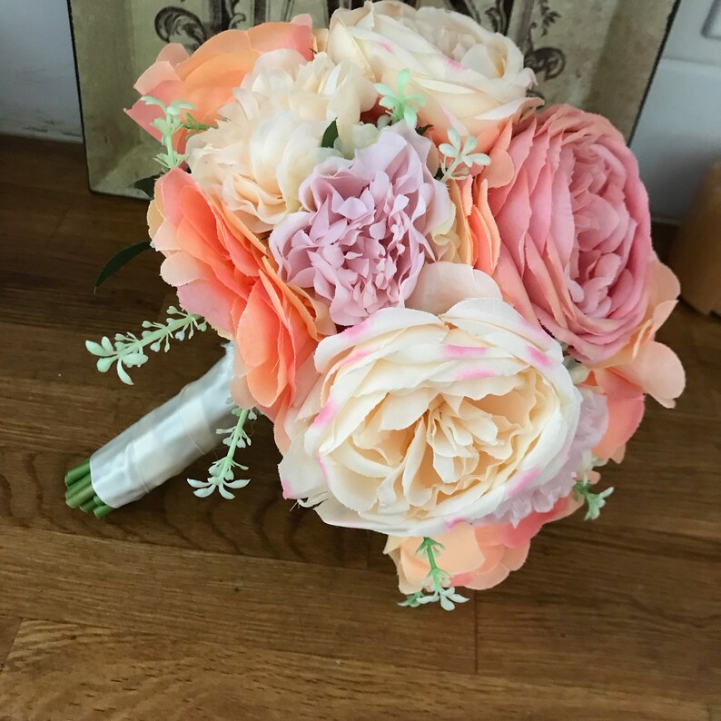 Peach Pink Ivory Silk Rose and Peony Bouquet OOAK ready to ship
