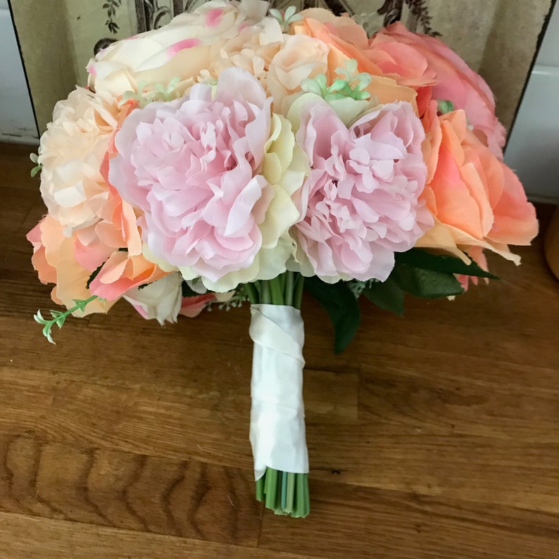 Peach Pink Ivory Silk Rose and Peony Bouquet OOAK ready to ship