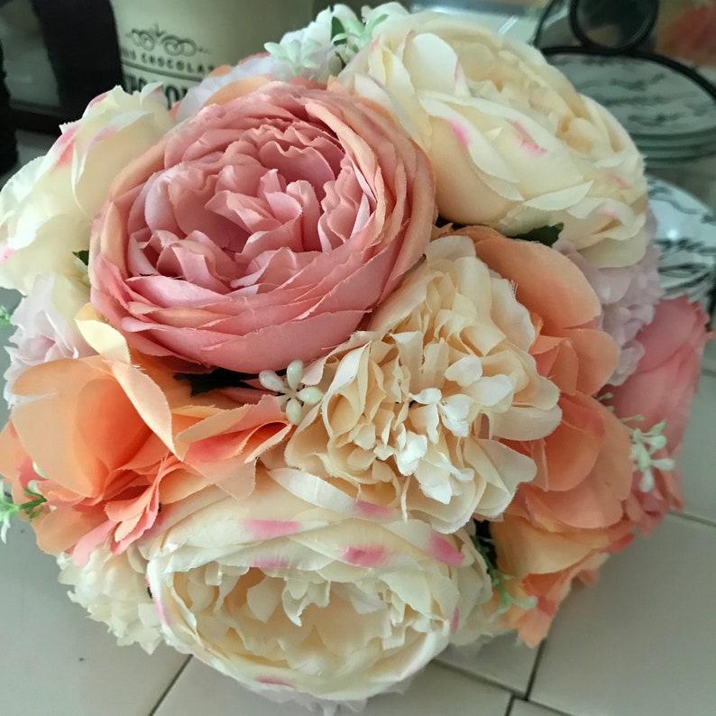 Peach Pink Ivory Silk Rose and Peony Bouquet OOAK ready to ship