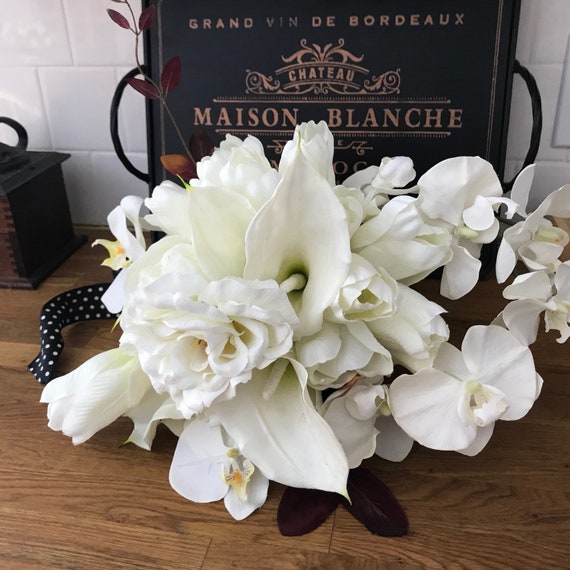 White Cascade Bouquet With Calla Lily Tulip Rose Orchid Ooak Ready To Ship