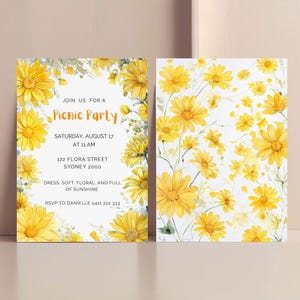 Convite para piquenique com flores amarelas | Modelo de convite de aniversário de verão | Modelo editável para festa no jardim | Tema Sunshine para download em PDF