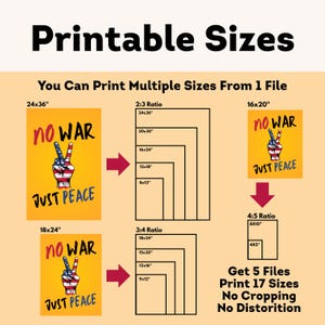 May include: A digital print with the words "NO WAR" and "JUST PEACE" on a yellow background. The image features a peace sign with the colors of the American flag. The image also shows different print sizes.
