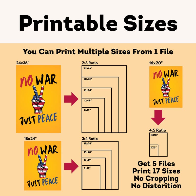 May include: A digital print with the words "NO WAR" and "JUST PEACE" on a yellow background. The image features a peace sign with the colors of the American flag. The image also shows different print sizes.