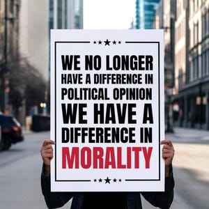 May include: A white poster with black text and a red word "MORALITY" is held up in front of a blurred city background. The text reads "WE NO LONGER HAVE A DIFFERENCE IN POLITICAL OPINION WE HAVE A DIFFERENCE IN MORALITY."