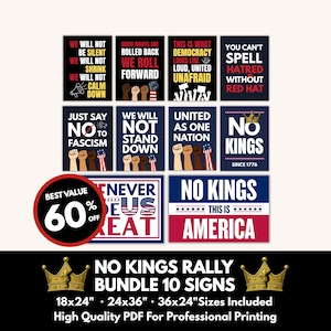 No Kings Rally Protest Signs Mega Bundle, Anti Trump Yard Signs, Pro Democracy Protest Posters, Printable Protest Sign Download, Rally Signs