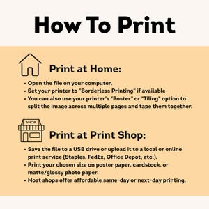 May include: A tan infographic with black text titled "How To Print." Instructions are provided for printing at home and at a print shop, including options for borderless printing and paper types.