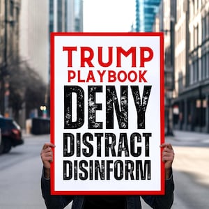 Op de afbeelding: Een rechthoekig bord met een rode rand en een witte achtergrond. Op het bord staat "TRUMP PLAYBOOK" in het rood, met "DENY", "DISTRACT" en "DISINFORM" in vette zwarte tekst.