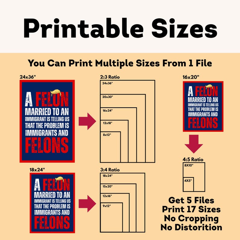 K&ouml;nnte beinhalten: Ein digitaler Druck mit dem Text "A Felon Married to an Immigrant is Telling Us That the Problem is Immigrants and Felons." Das Bild zeigt verschiedene Druckgr&ouml;&szlig;en, darunter 61x91cm, 46x61cm und 41x51cm, mit unterschiedlichen Seitenverh&auml;ltnissen.