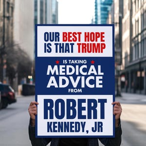 May include: A rectangular sign with white and red text on a blue background. The sign, held by a person, states: "OUR BEST HOPE IS THAT TRUMP IS TAKING MEDICAL ADVICE FROM ROBERT KENNEDY, JR."