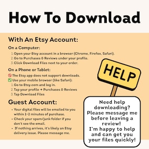 K&ouml;nnte beinhalten: Eine beige Grafik mit Anweisungen zum Herunterladen digitaler Dateien von Etsy. Der Text enth&auml;lt Schritte f&uuml;r Etsy-Kontoinhaber und Gastkonten, zusammen mit einem "HELP"-Schild und einer Sprechblase, die Hilfe anbietet.