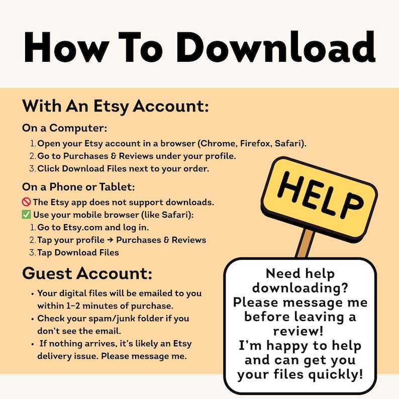 K&ouml;nnte beinhalten: Eine beige Grafik mit Anweisungen zum Herunterladen digitaler Dateien von Etsy. Der Text enth&auml;lt Schritte f&uuml;r Etsy-Kontoinhaber und Gastkonten, zusammen mit einem "HELP"-Schild und einer Sprechblase, die Hilfe anbietet.