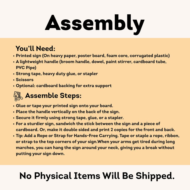 K&ouml;nnte beinhalten: Ein beige-wei&szlig;es Anleitungsschild mit dem Wort "Assembly" oben. Das Schild listet die ben&ouml;tigten Materialien und Montageschritte auf, einschlie&szlig;lich Kleber, Klebeband und einem Griff. Der Text "Es werden keine physischen Artikel versendet" steht unten.