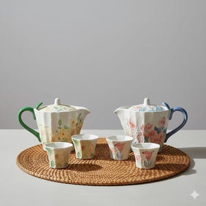 Könnte beinhalten: Ein weißes Keramik-Teeservice mit floralen Designs, darunter zwei Teekannen mit Deckel und vier kleine Tassen. Die Teekannen haben grüne und blaue Griffe. Das Set ist auf einer runden, gewebten Matte angeordnet.