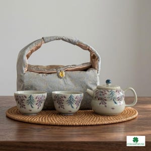Japanese Wisteria Hand Painted Ceramic Travel Tea Set | Wood Ash Glaze Teapot Set with 2 Cups & Padded Bag | Outdoor Tea Set Gift I Teaset