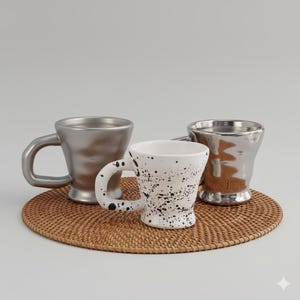 Puede incluir: Tres tazas de cerámica con diseños únicos sobre un salvamanteles redondo y tejido. Dos tazas tienen un acabado plateado metálico, mientras que la taza central es blanca con salpicaduras de pintura negra. Cada taza tiene un asa distintiva.
