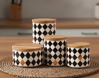 Black & White Ceramic Canister Set with Wooden Lid I Kitchen Checkered Jar Storage I Ceramic Cookie Jar Set with Lid I Spices Container