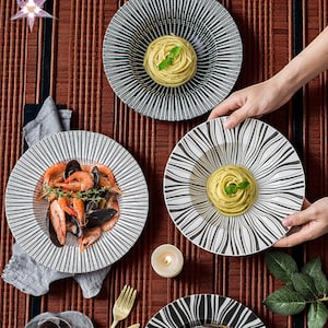 Striped Ceramic Pasta Bowls I Artistic Deep Plates for Pasta I Salads I Seafood | Modern Asian Tableware I Noodle Bowl I Ramen Serving Plate