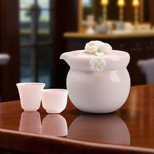 Könnte beinhalten: Hellrosa Keramik-Teeservice mit Teekanne und zwei Tassen. Die Teekanne hat einen Deckel mit weißen floralen Akzenten. Das Set steht auf einer reflektierenden, dunkelbraunen Oberfläche, ideal für eine Teezeremonie.