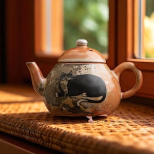 Könnte beinhalten: Eine Keramik-Teekanne mit Katzendesign. Die Teekanne hat eine braune und beige Farbgebung mit einer schwarzen Katzenillustration auf der Seite. Sie verfügt über einen gebogenen Ausguss, einen abgerundeten Griff und einen Deckel mit einem kleinen Knopf.