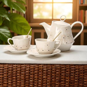 May include: A cream-colored tea set with a teapot, two teacups, saucers, and gold spoons. The set features a floral pattern with black polka dots. The teapot has a rounded body and a loop handle. The teacups are small with curved handles.