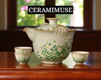 Juego de té de cerámica de estilo japonés con detalles florales pintados a mano y una tetera y taza de té a juego con estuche de té portátil I La hora del té