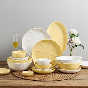Lemon Blossom Dinnerware Set | Modern Ceramic Plate & Bowl Collection | Nordic Kitchen Tableware Set I Stoneware Plates and Bowl