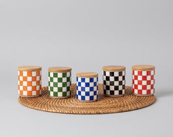 Checkered Ceramic Kitchen Canister Set | Bamboo Lid Pantry Jars