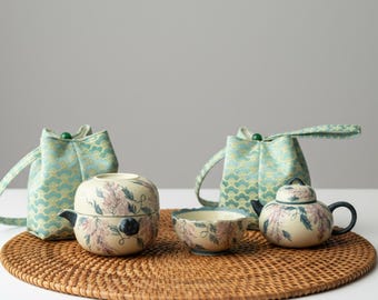 Hand-Painted Botanical Travel Tea Set – Portable Gaiwan & Teapot with Cups and Storage Bag | Chinese Ceramic Gongfu Teaware Holiday Gift Set