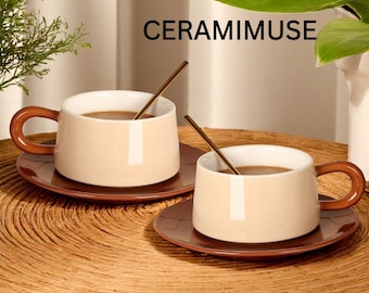 Conjunto retrô de xícara e pires de cerâmica | Caneca para latte de alta qualidade