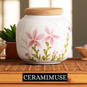 Japanese Ceramic Tea Jar with Lid I Hand-Painted Floral Storage Canister for Tea I Herbs & Spices Container | Bamboo Lid Kitchen Decor Gift