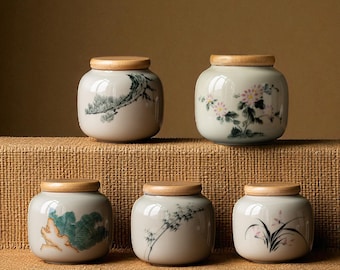 Hand-Painted Ceramic Tea Jar with Bamboo Lid, Floral Herb Container