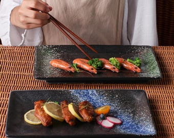 Ceramiczny talerz do sushi z glazurą piecową | Rustykalny talerz do serwowania w stylu japońskim