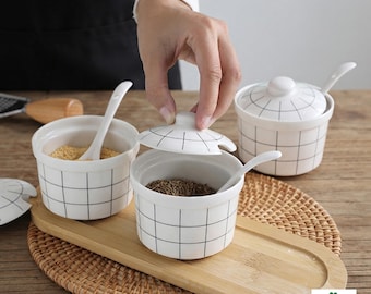 Grid Ceramic Sugar Bowl I Salt Cellar Set with Bamboo Tray & Spoons | White Condiment Jar Set | Coffee Bar Counter Accessories I Spice Jars