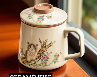 Japanse keramische kattenmok met deksel I handgeschilderd bloementheekopje voor kattenliefhebbers | Leuke theemok in vintage stijl | Uniek cadeau voor haar cadeau