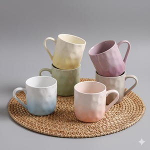 May include: A collection of six ceramic mugs in various pastel colors, including white, blue, pink, green, and lavender. The mugs have a textured surface and are arranged on a woven placemat. Each mug has a curved handle.