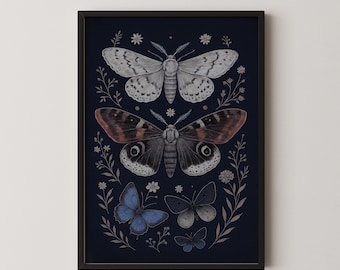 Stampa artistica da parete "Dark Academia" con falena e farfalla vintage, download digitale