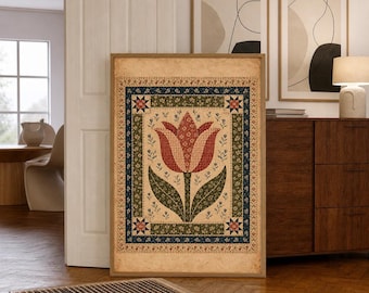 Vintage Tulip Quilt Block | Folk Art Floral Style | Reading Nook Decor | Wall Art Print