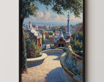 Park Guell Barcelona – wydruk: Architektura Gaudíego, hiszpański plakat podróżniczy (pobranie cyfrowe)