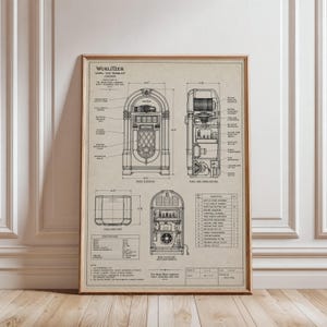 Peut inclure: Un plan technique imprimé d'un juke-box Wurlitzer modèle 1015 Bubbler sur fond beige. Le schéma présente des vues de face, de côté, de dessus et de derrière avec des étiquettes détaillées, des dimensions en pouces et une liste de pièces.