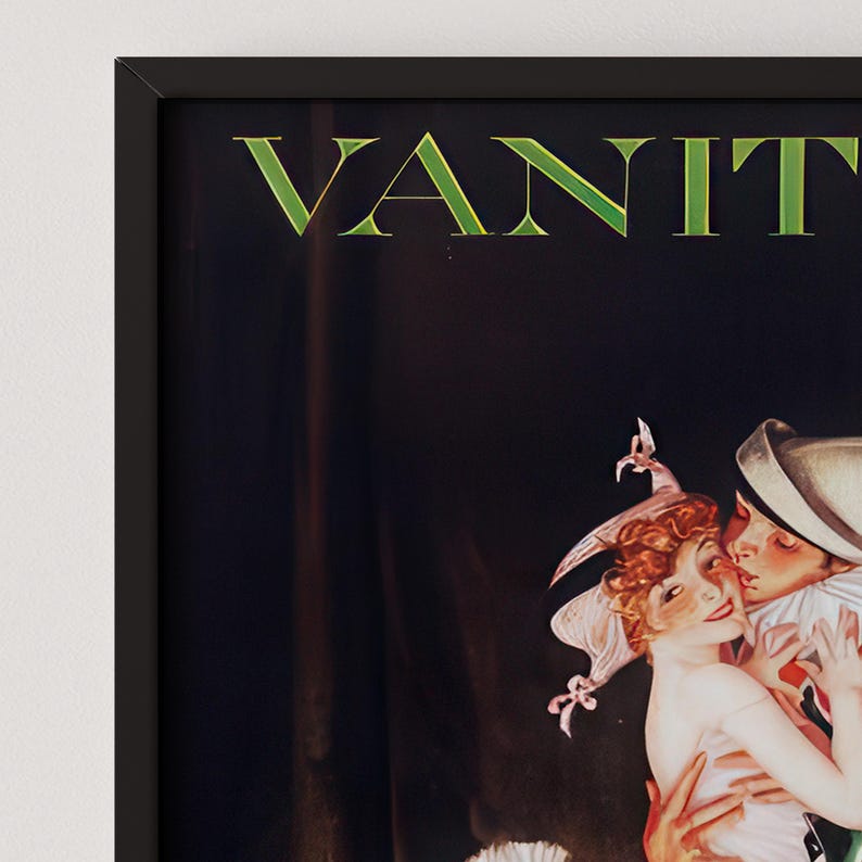 A close-up of the theatrical art print displayed on a gallery wall, showing the rich, moody colors and romantic subject matter.